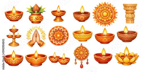 A charming watercolor collection of Diwali decorations featuring traditional oil lamps, mandala ornaments, lotus candles, and festive Indian celebration symbols.