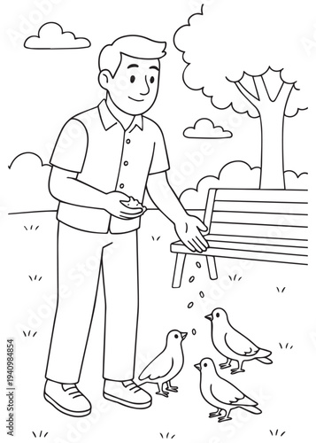 coloring book dad feeding pigeons at the bench, scattering crumbs for the birds
