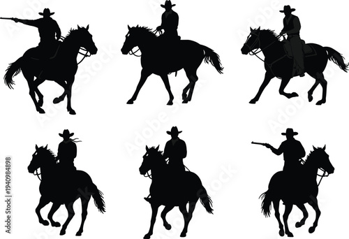 Cowboy silhouette, horse riding, western culture, wild west, gunslinger, rifle, rodeo, desert, ranch, cowboy hat, horseback, outlaw, frontier, vintage western, American west