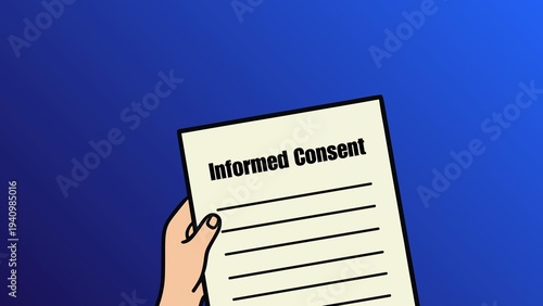 Quadro su tela A cartoon‑style illustration of a hand holding an informed‑consent document, highlighting ethical approval, patient authorization, and procedural transparency in clinical or research settings