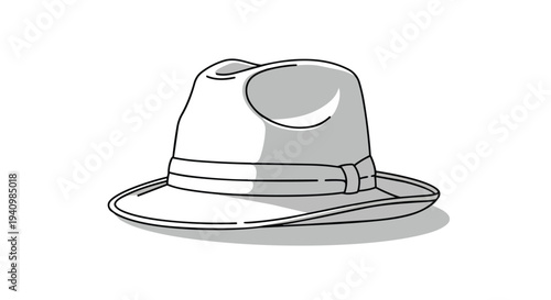 Stylized monochrome illustration of a classic fedora hat with a simple band and brim casting a subtle shadow on a white background