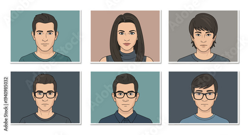 Modern vector avatar set featuring diverse male and female characters with different hairstyles and accessories, perfect for digital profiles and online identities