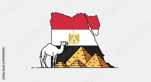 Egyptian Camel Standing Near Pyramids Map Flag.