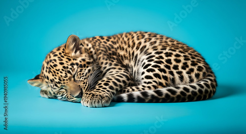 Adorable baby leopard cub peacefully sleeping on a vibrant blue background, showcasing its beautiful spotted fur and serene rest, conveying innocence and the tranquility of wild animals