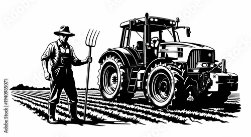 Farmer Standing Next to Tractor Illustration.