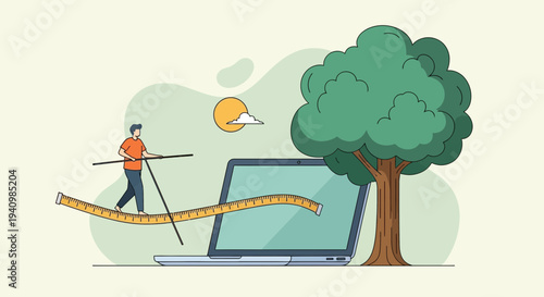 Man Balancing on Laptop Keyboard Illustration.