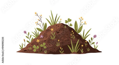 A detailed illustration of a dirt mound featuring blooming yellow wildflowers and green clover on a white background.