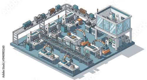 Isometric Factory Interior with Machinery and Equipment.