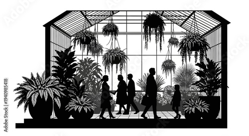 People Walking Through Greenhouse with Plants.