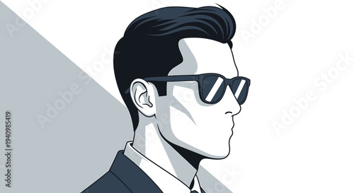 Stylish man in profile wearing sleek sunglasses, embodying a cool, sophisticated, and modern aesthetic with a minimalist graphic design