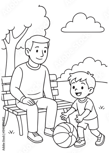 coloring book dad sitting on a bench while his little son plays nearby with a ball