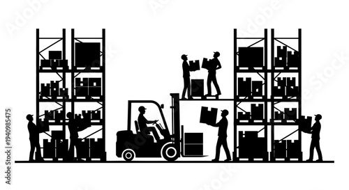 Warehouse Workers Operating Forklift and Shelves.
