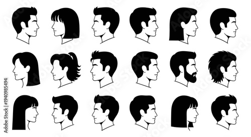 Collection of Diverse Human Head Silhouettes in Profile View, Showcasing Different Hairstyles and Facial Features