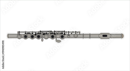 A sleek silver concert flute, meticulously detailed with an array of keys and tone holes, isolated on a pristine white background, ready for musical