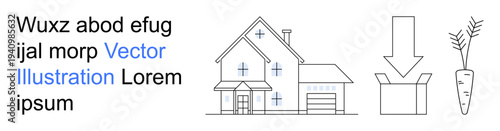 Eco-friendly lifestyle, sustainable living, organic farming, food delivery, environmental conservation, packaging. House, carrot and box with arrow illustration. Eco-friendly and sustainable living