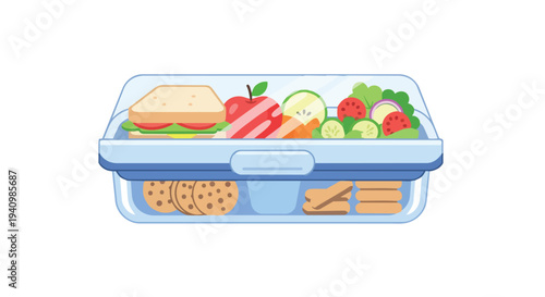 A delightful cartoon illustration of a transparent lunchbox filled with fresh food, including a sandwich, fruit, vegetables, and cookies