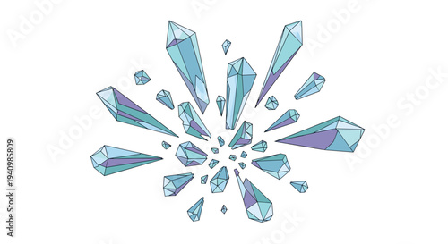 Numerous faceted crystal shards varying in size and shades of blue and purple explode outwards from a central point against a clean white background.