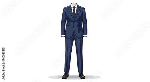 Sleek navy blue business suit with a crisp white shirt and dark tie, embodying professionalism and formal attire