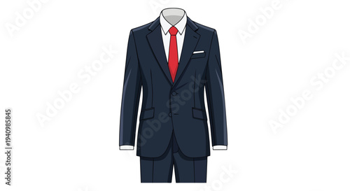 Elegant navy blue formal suit with vibrant red tie and crisp white pocket square, embodying professional attire and sophisticated style for any