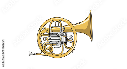 Detailed illustration of a golden French horn with intricate tubing and valves against a stark white background