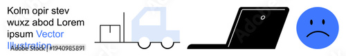 Logistics, digital communication, delivery services, workplace technology, emotional expression, online shopping. A truck, a laptop and a sad face icon displayed alongside each other. Logistics