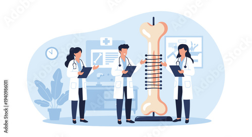Medical professionals examining spine model in clinical