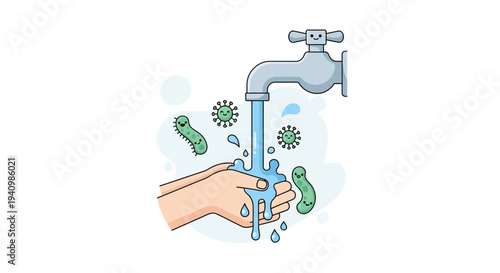 A hand washes germs and bacteria away under a running faucet with soap.