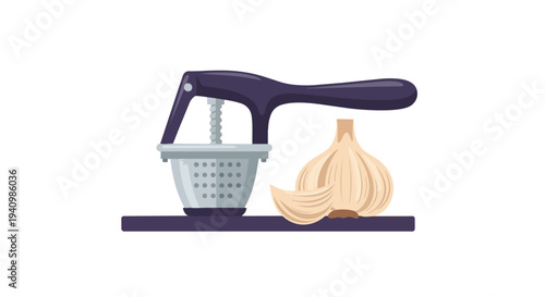 A simple graphic illustration showcasing a kitchen tool for mincing garlic alongside a fresh bulb of garlic ready for preparation.