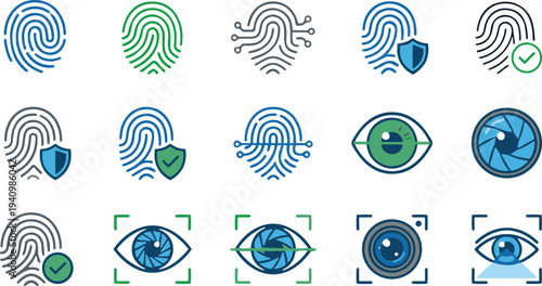 Biometric security icon set, fingerprint iris recognition, identity verification, access control, authentication vector, technology design, privacy protection, digital safety illustration