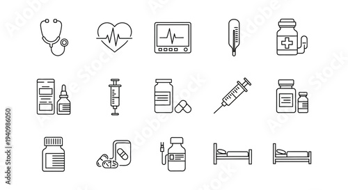 Medical icons depicting healthcare, treatment, and wellness with syringe, pills, and stethoscope