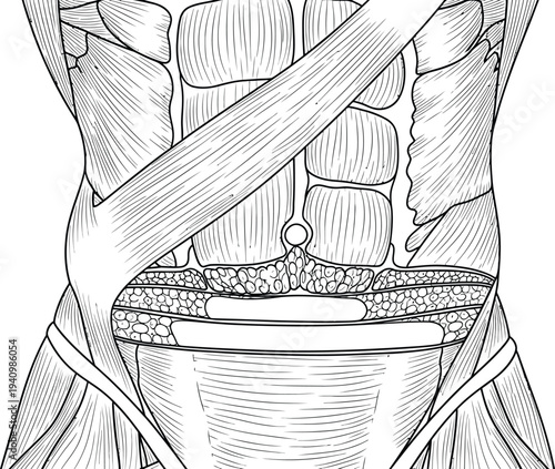 Human abdominal muscle anatomy, rectus abdominis, oblique muscles, linea alba, aponeuroses, inguinal region, iliac crest, medical illustration, biology diagram, healthcare vector