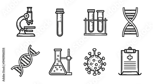 Medical science illustration set with lab equipment and DNA symbols on white background