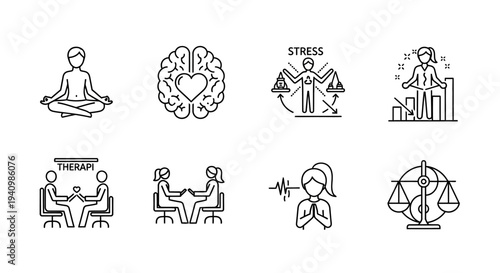 Mental health illustrations show therapy and stress relief through meditation and balance.