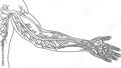 Human arm nervous system anatomy, shoulder to hand nerves, medical illustration, biology diagram, healthcare vector, educational anatomical peripheral pathway artwork