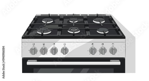 Modern kitchen gas cooker with multiple burners and oven door, detailed illustration, clean design, domestic appliance icon, essential home