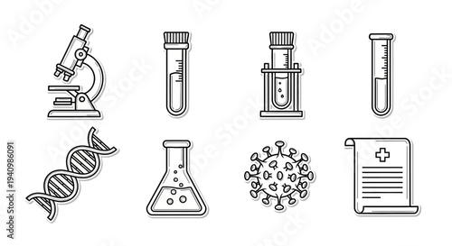 Medical science illustrations show lab equipment and virus