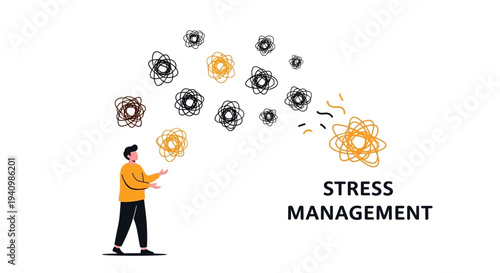 Person managing stress with floating atoms