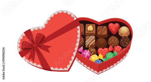 A red heart shaped gift box with lace trim filled with assorted chocolates and colorful candies on a white background.