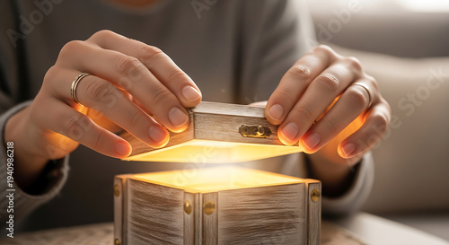 Hands holding golden light bulb with glowing ideas and innovation concept on wooden table