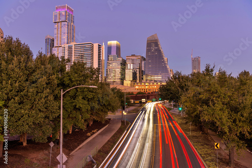 Rush Hour at Austin - An overview of a busy street, West Cesar Chavez Street, during evening rush hour at Downtown Austin, Texas, USA.