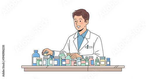 Pharmacist arranging medication bottles on a pharmacy counter with various drugs and supplies.