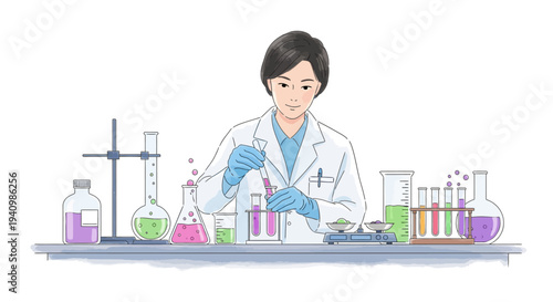 Scientist in lab coat examining test tubes with various colored liquids on workbench