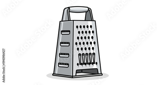 A simplistic graphic representation of a kitchen grater, showcasing its versatile grating surfaces and durable design on a clean white background