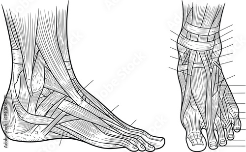 Human foot ankle anatomy, muscles tendons ligaments lateral dorsal views, medical illustration, biology diagram, healthcare vector, educational anatomical musculoskeletal artwork