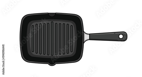 A black grill pan with a sturdy handle sits ready for culinary creations on a clean white background, its ridged surface promising delicious char