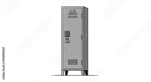 Secured grey metal locker with digital keypad and padlock illustration isolated on white background for storage solutions or school facility concepts