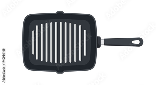 A minimalist illustration of a black square grill pan with raised ridges and a black handle, isolated on a plain white background, evoking culinary