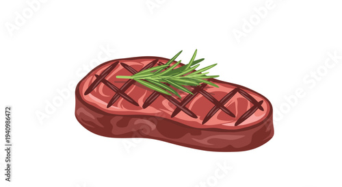 A cooked beef steak featuring a crosshatch grill pattern and a fresh rosemary garnish on a plain white background.