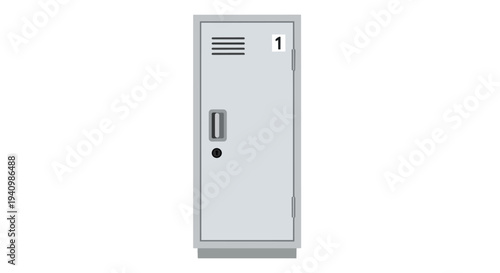 A singular, light grey metal locker, numbered one, featuring ventilation slots and a sturdy handle, stands isolated.