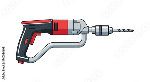 A meticulously rendered illustration of a red and black electric drill with a silver chuck and sharp bit, isolated on a clean white background,